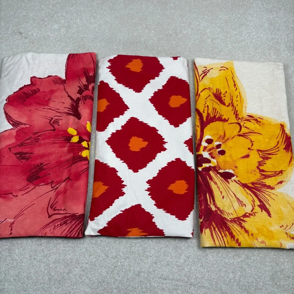 Pottery Barn Set 3 Pillow Covers 20x20 Red Poppy Yellow Floral Ikat Cotton Linen